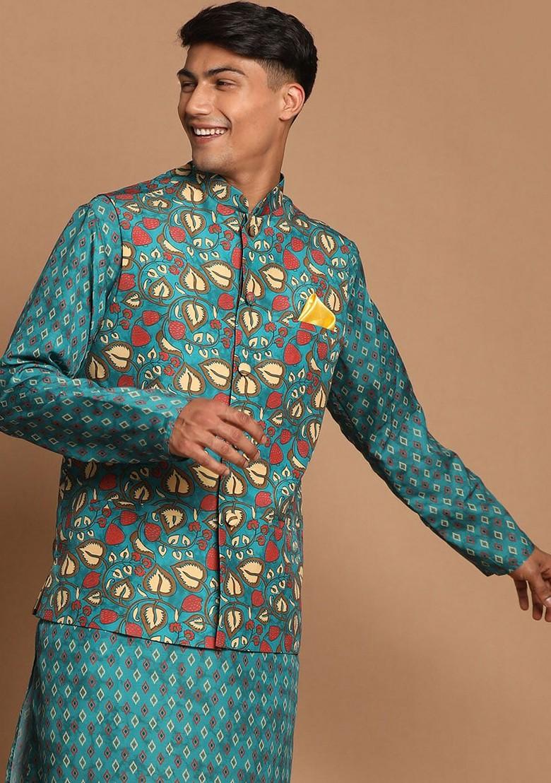 Green Printed Poly Blend Nehru Jacket For Men