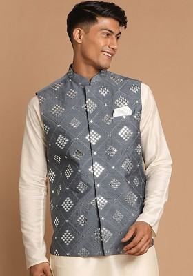 Grey Embellished Poly Blend Nehru Jacket For Men