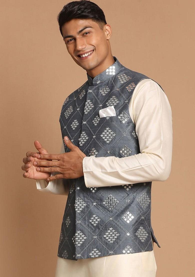Grey Embellished Poly Blend Nehru Jacket For Men