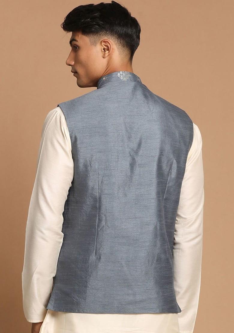 Grey Embellished Poly Blend Nehru Jacket For Men