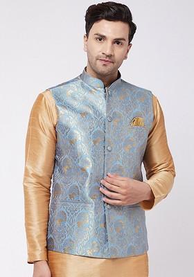 Blue Woven Silk Nehru Jacket For Men