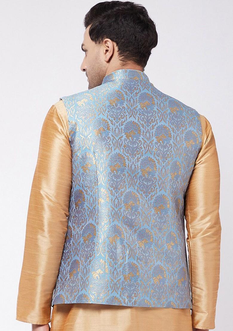 Blue Woven Silk Nehru Jacket For Men