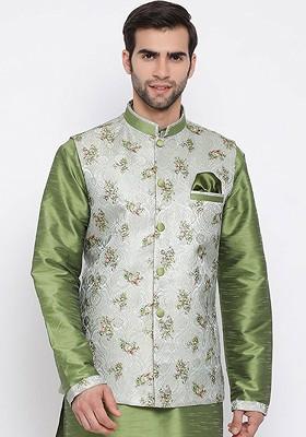 Grey Printed Poly Blend Nehru Jacket For Men