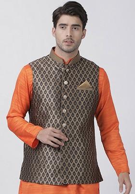 Black Woven Poly Blend Nehru Jacket For Men