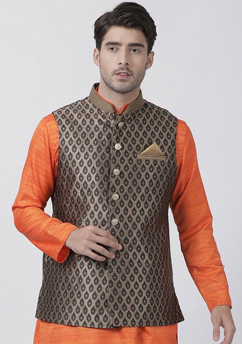 Black Woven Poly Blend Nehru Jacket For Men