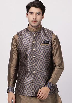 Navy Blue Woven Poly Blend Nehru Jacket For Men