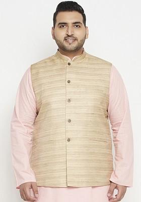 Beige Embroidered Poly Blend Nehru Jacket For Men