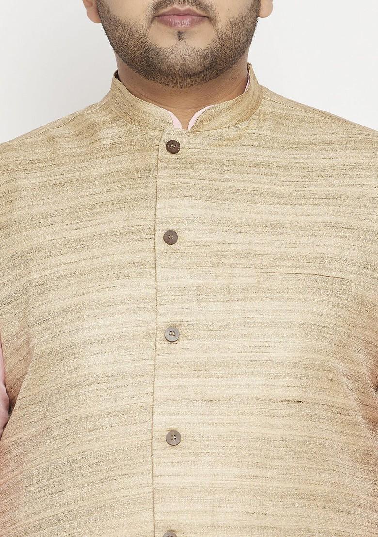 Beige Embroidered Poly Blend Nehru Jacket For Men