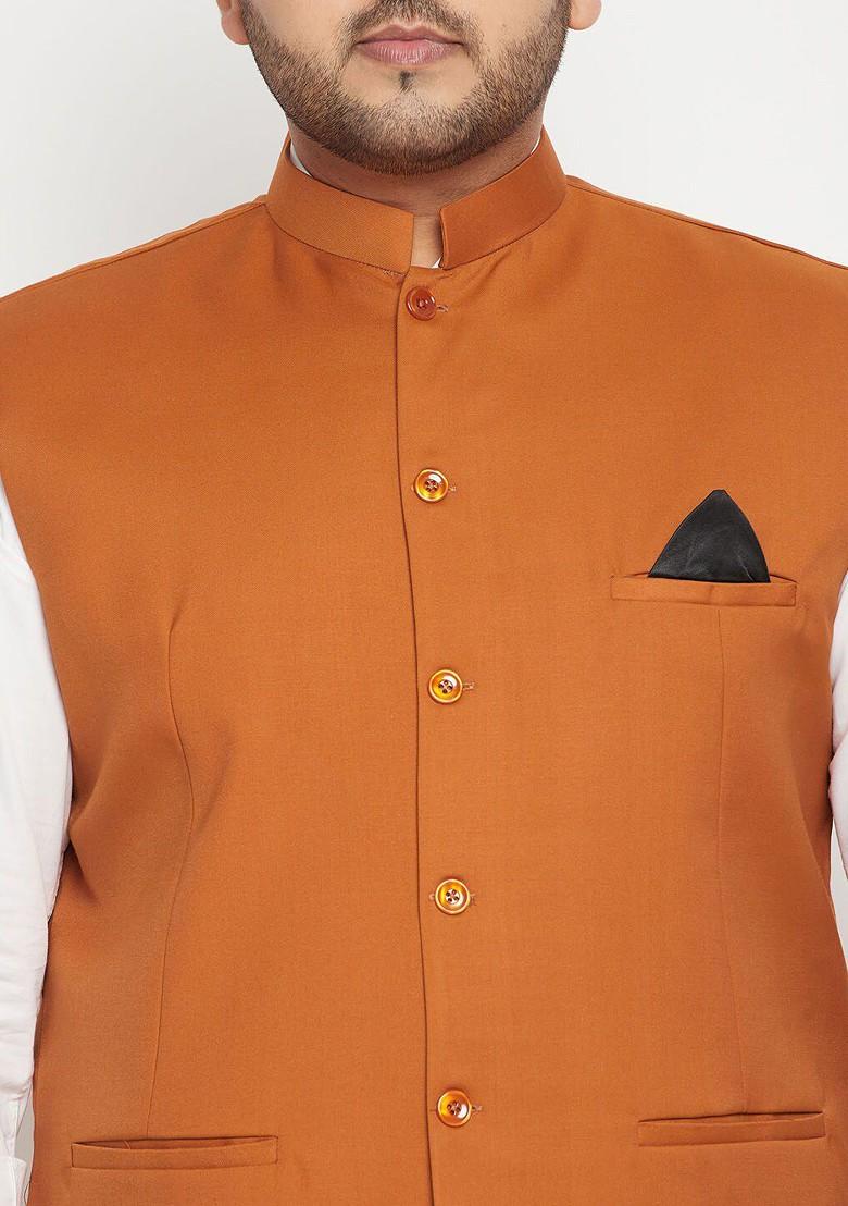 Orange Woven Poly Blend Nehru Jacket For Men