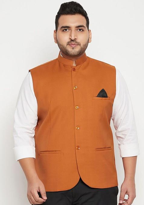 Orange Woven Poly Blend Nehru Jacket For Men — view on Indya