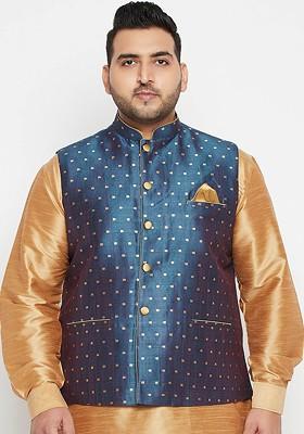 Blue Woven Poly Blend Nehru Jacket For Men