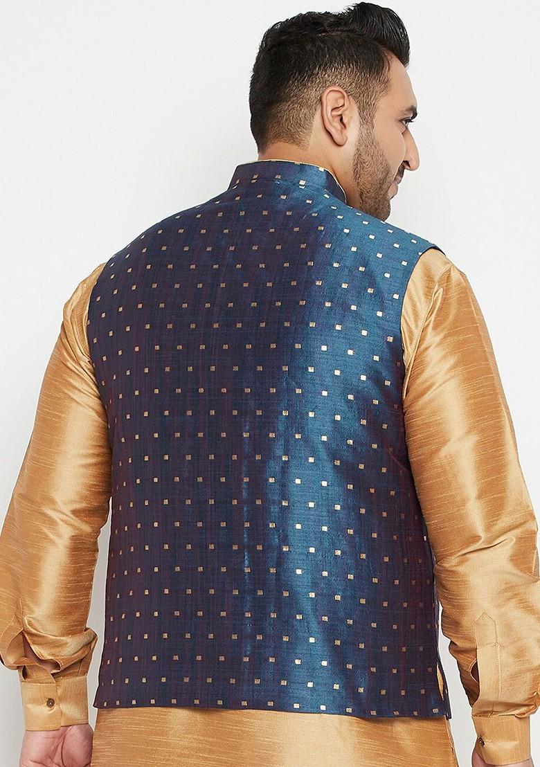 Blue Woven Poly Blend Nehru Jacket For Men