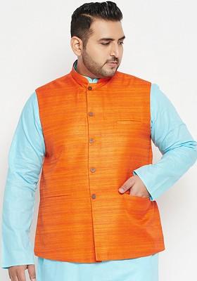 Orange Woven Poly Blend Nehru Jacket For Men