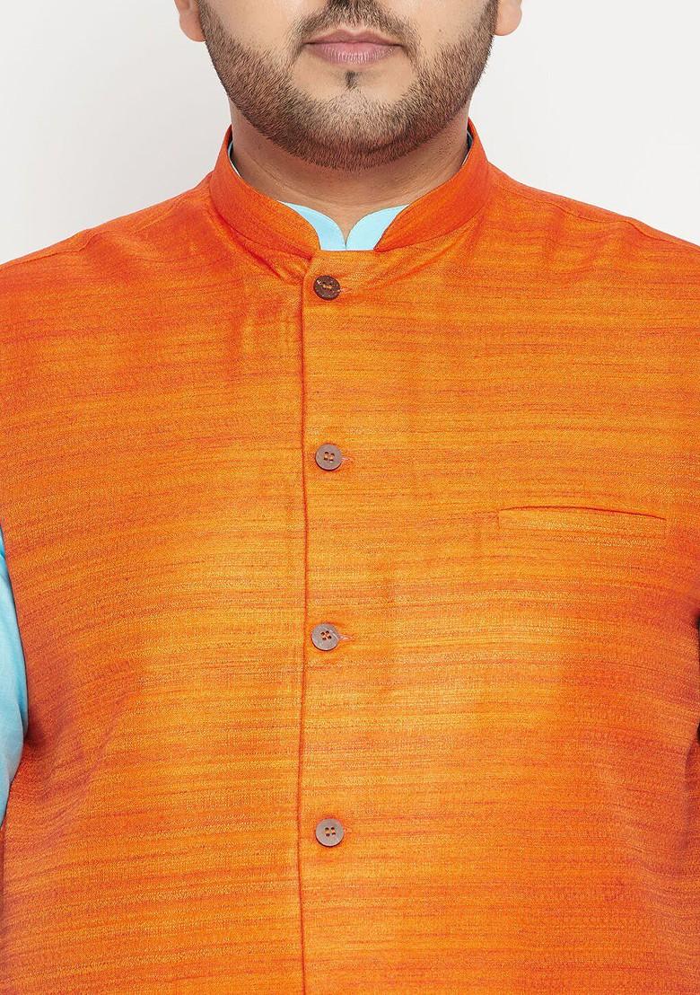 Orange Woven Poly Blend Nehru Jacket For Men