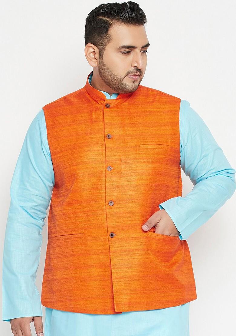 Orange Woven Poly Blend Nehru Jacket For Men