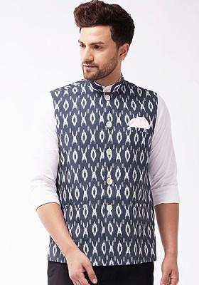 Navy Blue Printed Cotton Nehru Jacket For Men