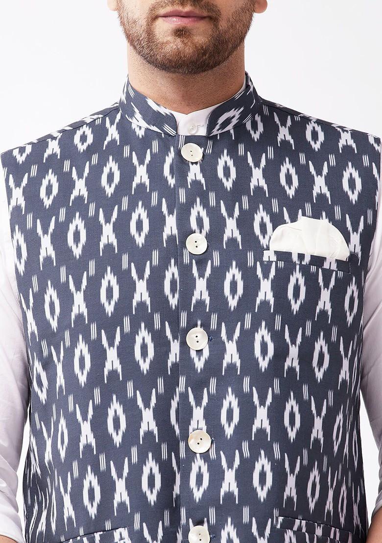 Navy Blue Printed Cotton Nehru Jacket For Men