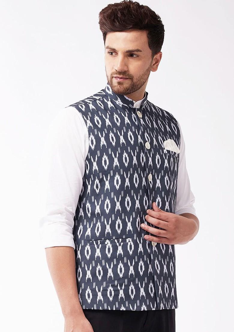 Navy Blue Printed Cotton Nehru Jacket For Men