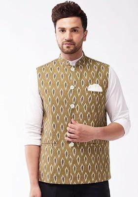 Brown Printed Cotton Nehru Jacket For Men