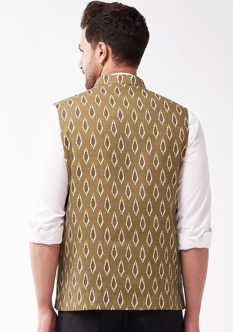 Brown Printed Cotton Nehru Jacket For Men