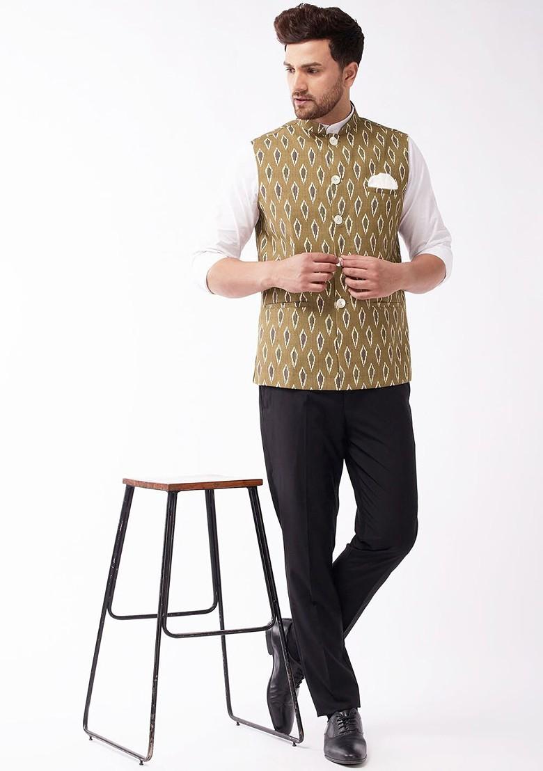 Brown Printed Cotton Nehru Jacket For Men