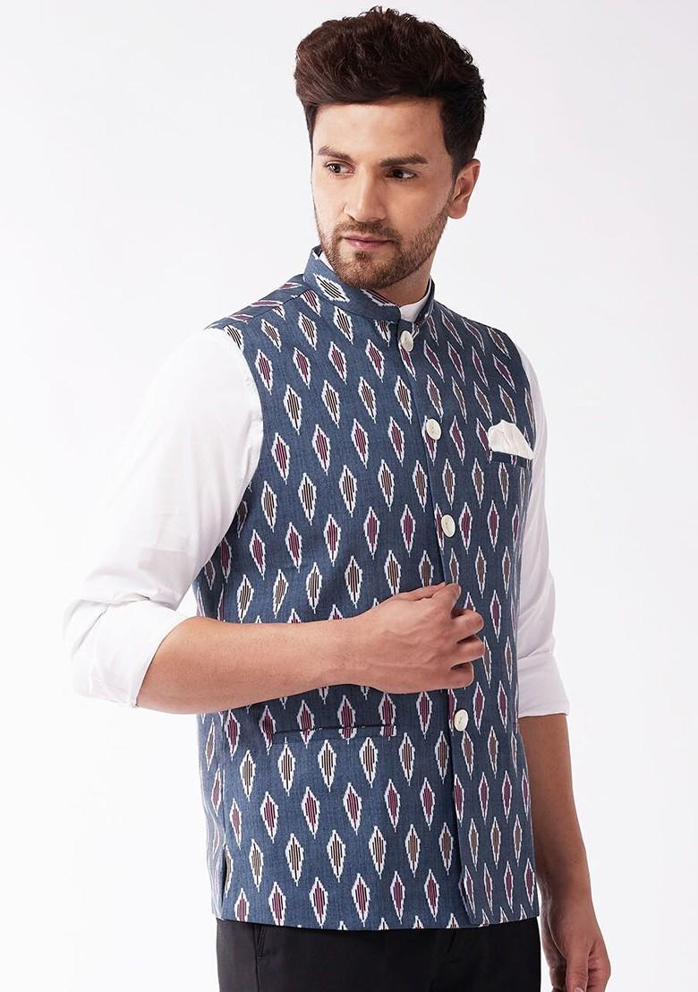 Grey Printed Cotton Nehru Jacket For Men