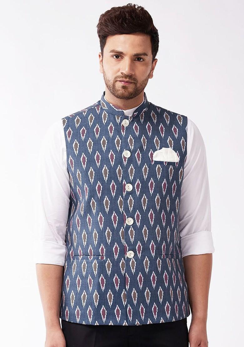 Grey Printed Cotton Nehru Jacket For Men