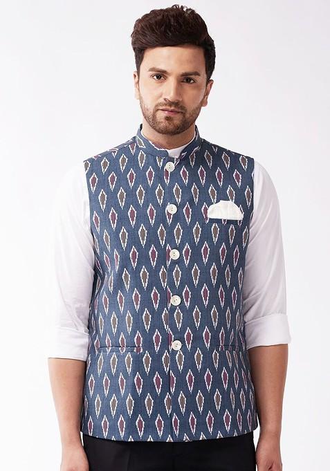Grey Printed Cotton Nehru Jacket For Men — view on Indya