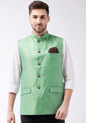 Green Woven Poly Blend Nehru Jacket For Men