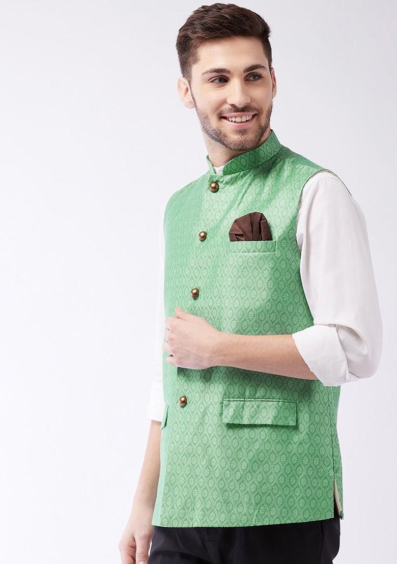 Green Woven Poly Blend Nehru Jacket For Men