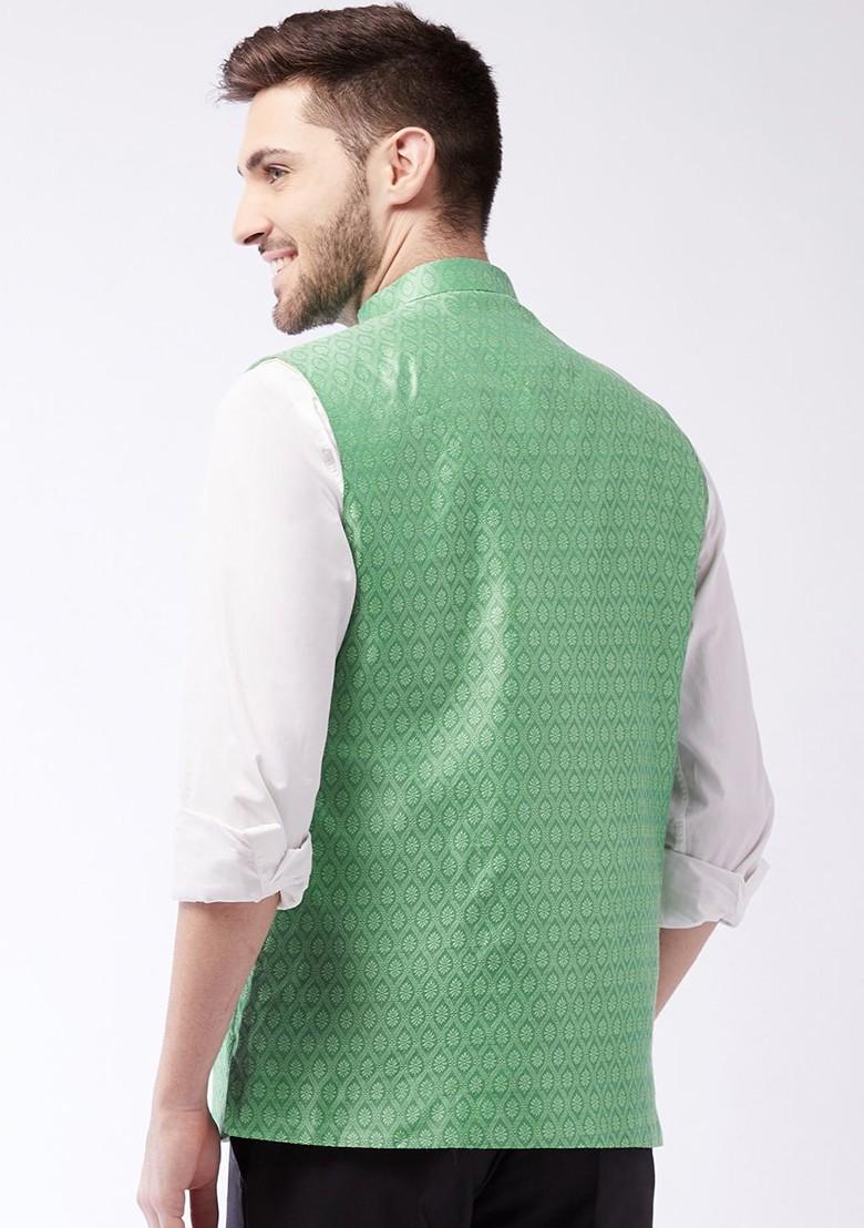 Green Woven Poly Blend Nehru Jacket For Men