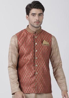 Gold Woven Poly Blend Nehru Jacket For Men