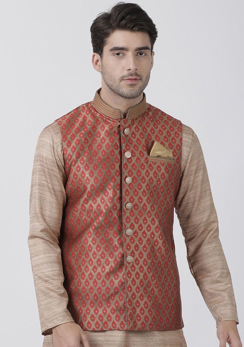 Gold Woven Poly Blend Nehru Jacket For Men