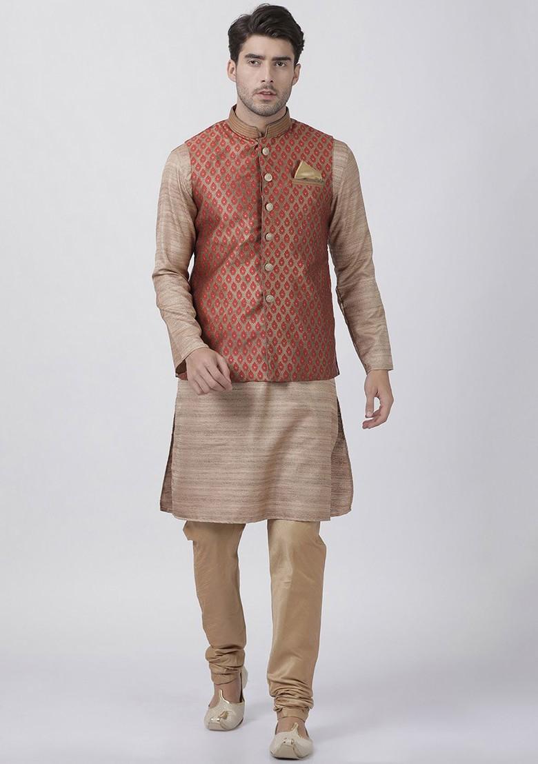 Gold Woven Poly Blend Nehru Jacket For Men