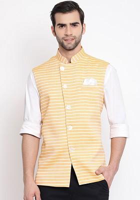 Yellow Striped Poly Blend Nehru Jacket For Men