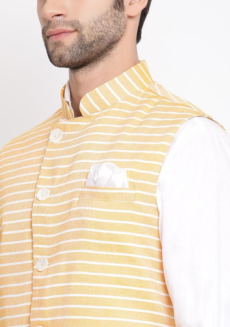 Yellow Striped Poly Blend Nehru Jacket For Men