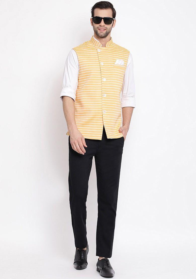 Yellow Striped Poly Blend Nehru Jacket For Men