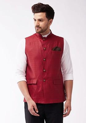 Maroon Woven Poly Blend Nehru Jacket For Men