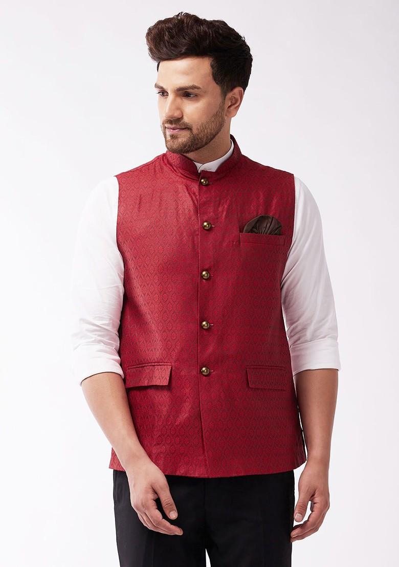 Maroon Woven Poly Blend Nehru Jacket For Men