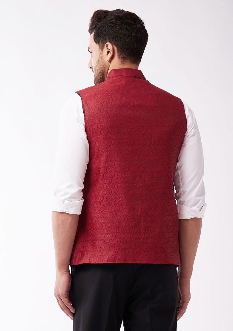 Maroon Woven Poly Blend Nehru Jacket For Men