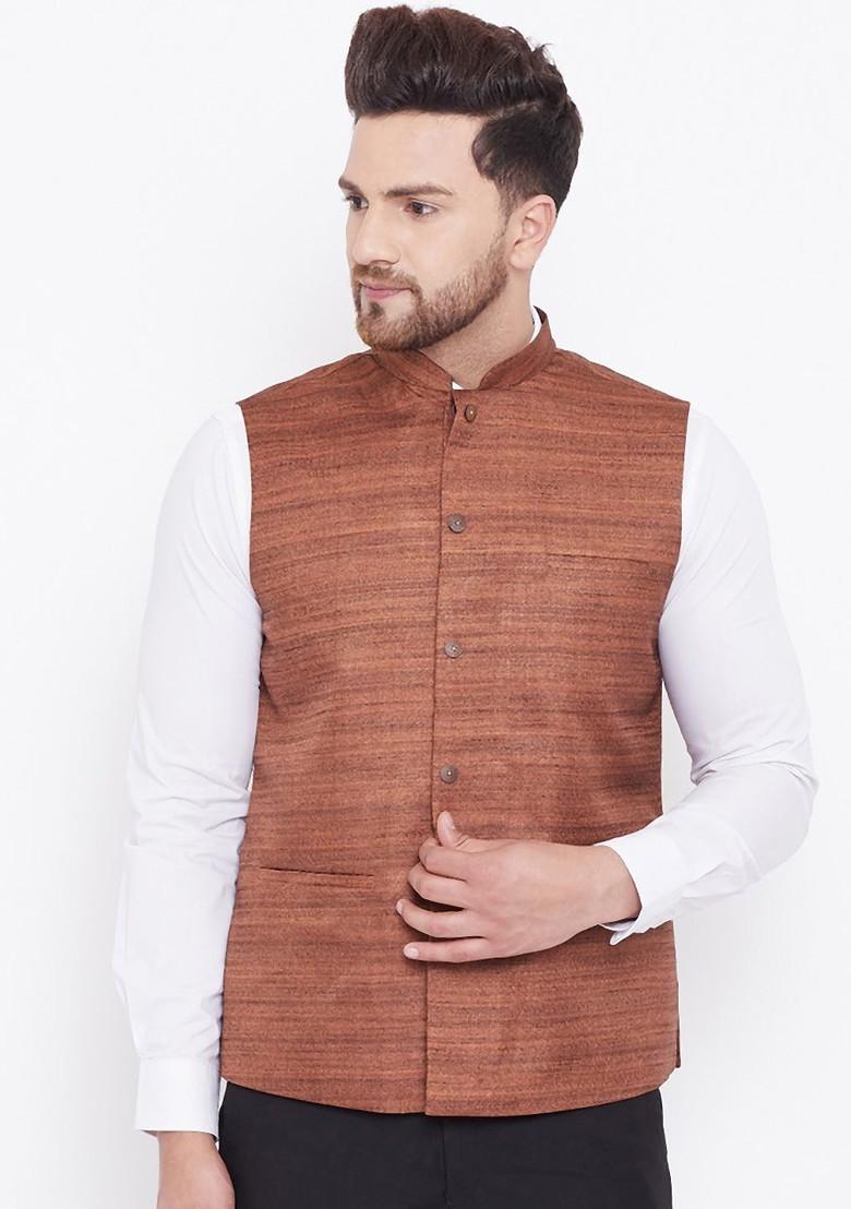 Coffee Brown Woven Poly Blend Nehru Jacket For Men