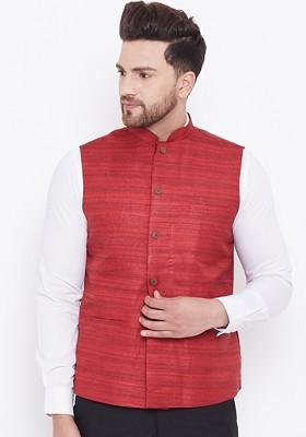 Maroon Woven Poly Blend Nehru Jacket For Men