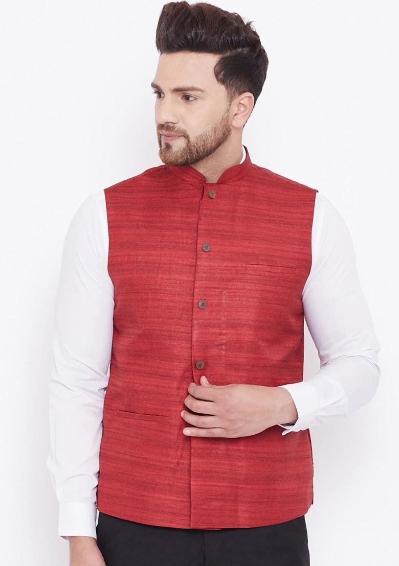 Maroon Woven Poly Blend Nehru Jacket For Men