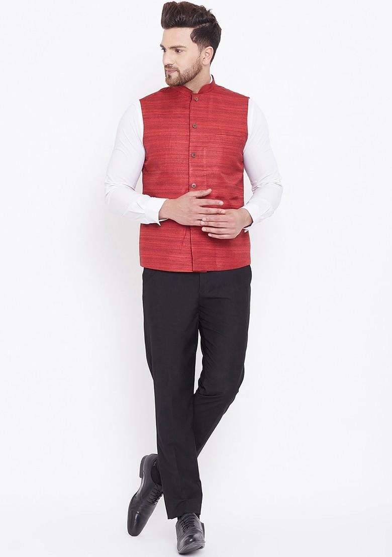 Maroon Woven Poly Blend Nehru Jacket For Men