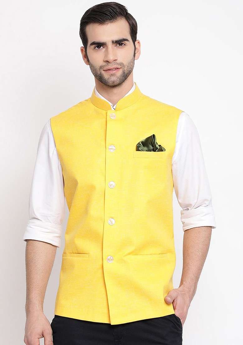 Yellow Woven Poly Blend Nehru Jacket For Men - Indya