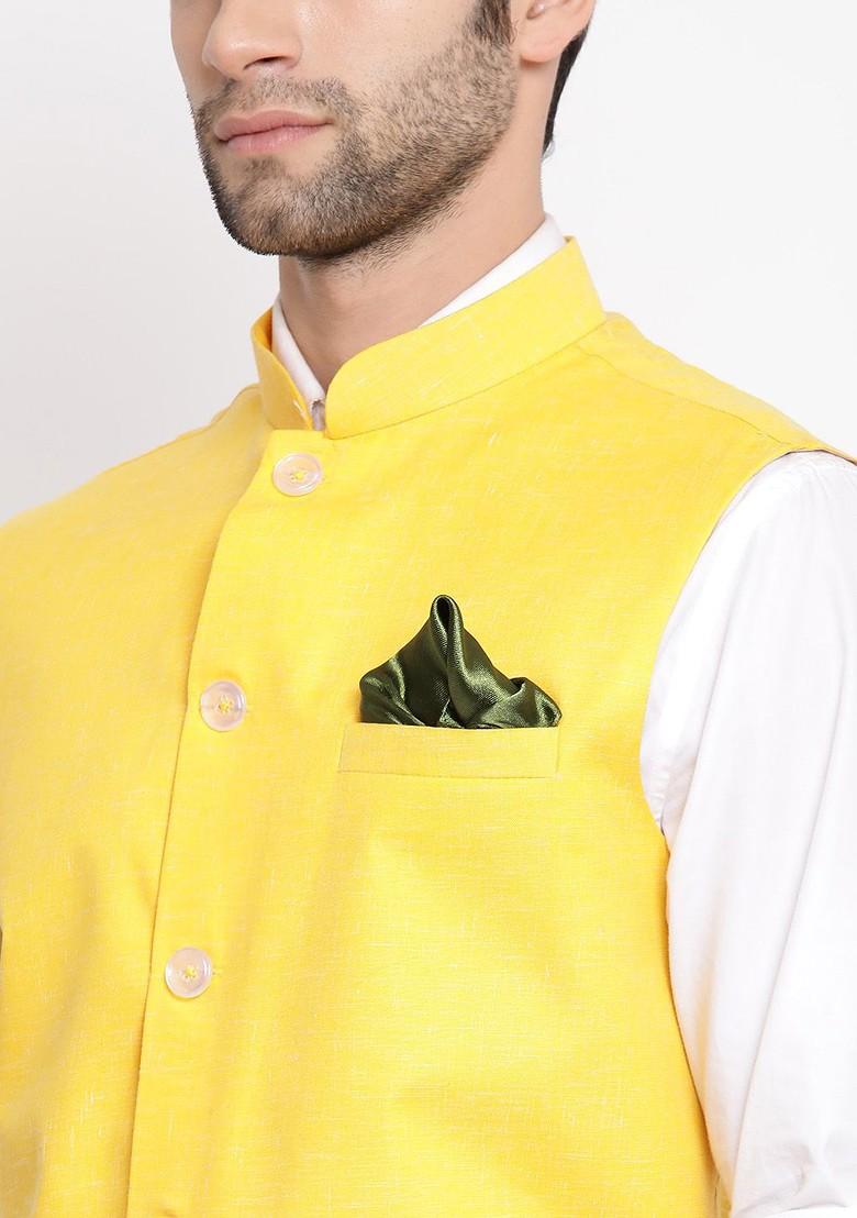 Yellow Woven Poly Blend Nehru Jacket For Men