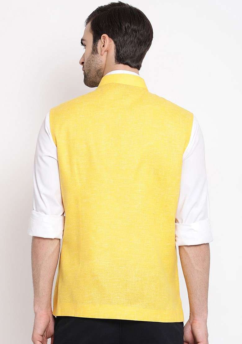 Yellow Woven Poly Blend Nehru Jacket For Men - Indya