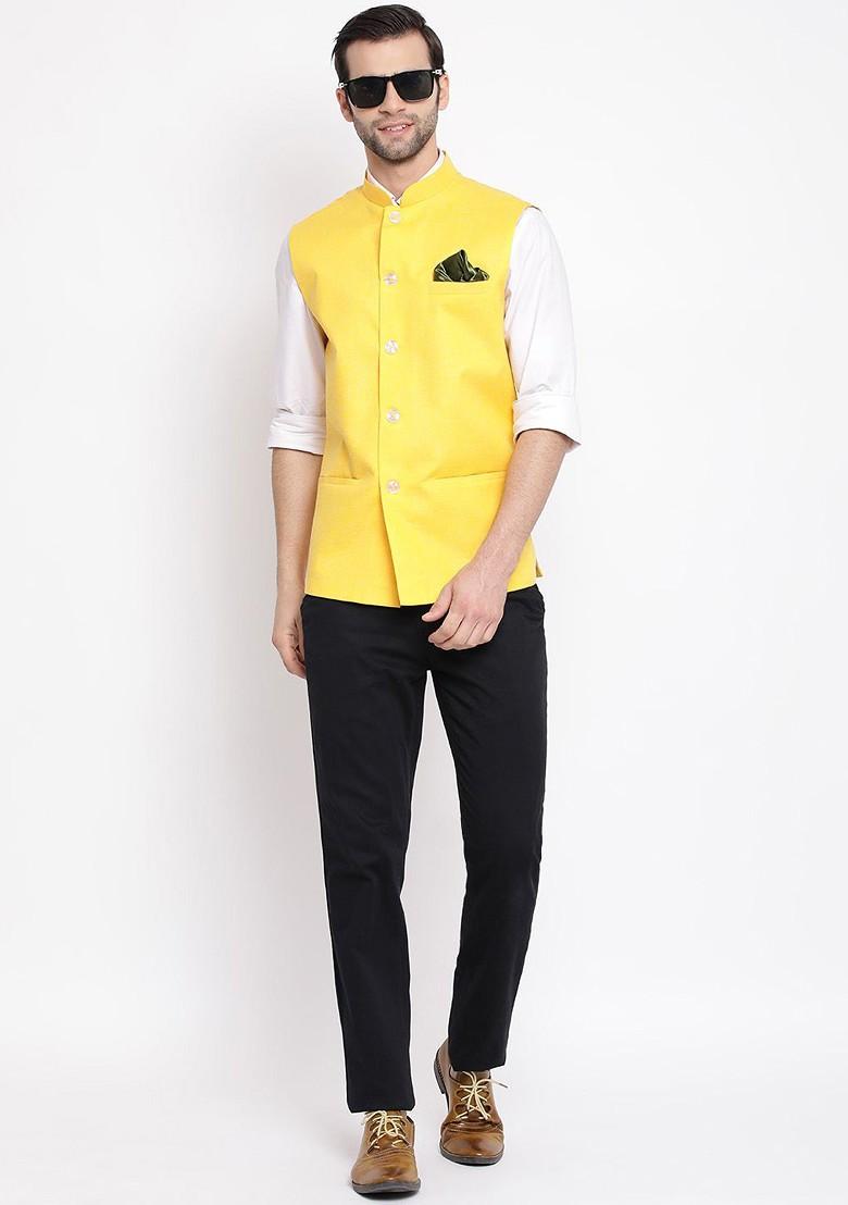 Yellow Woven Poly Blend Nehru Jacket For Men