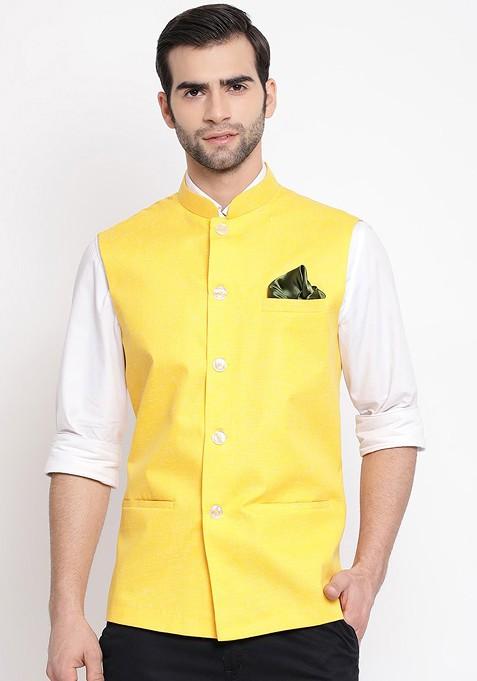 Yellow Woven Poly Blend Nehru Jacket For Men — view on Indya