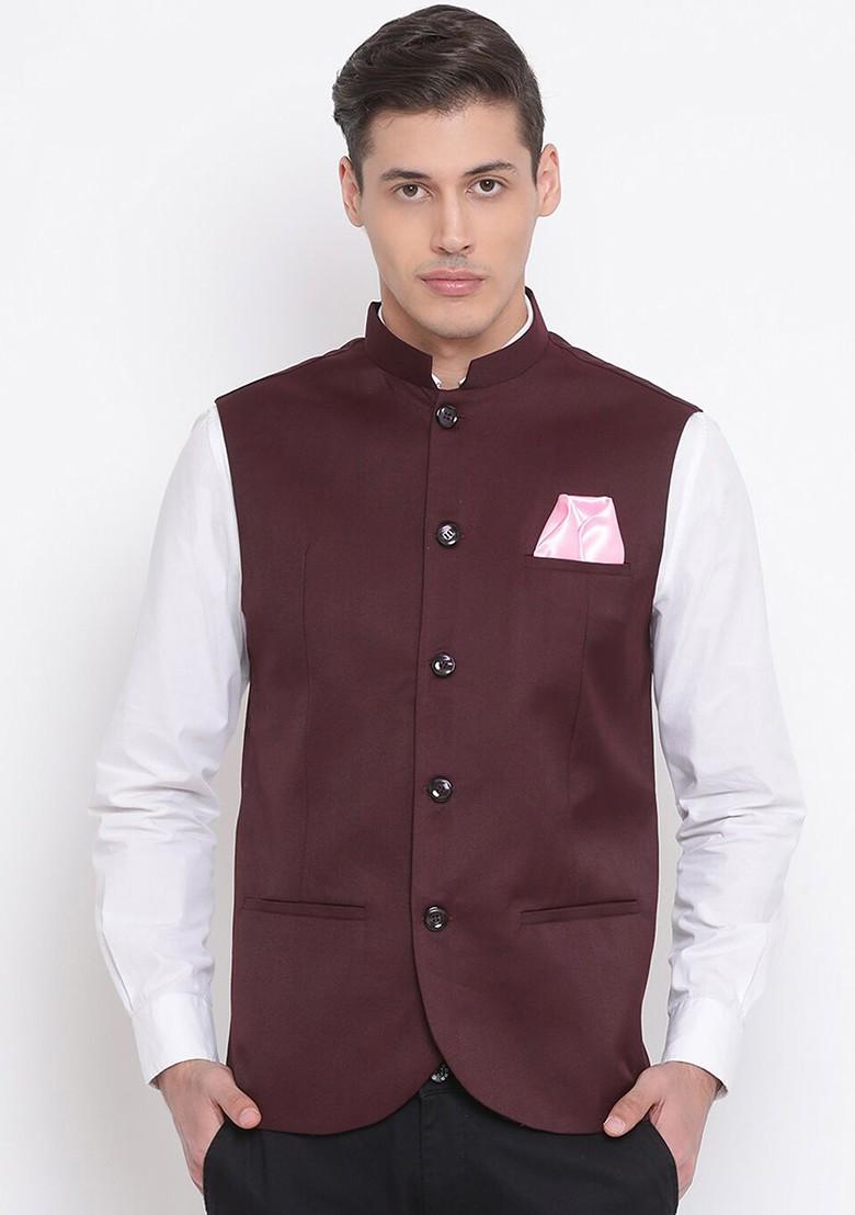 Maroon Solid Poly Blend Nehru Jacket For Men